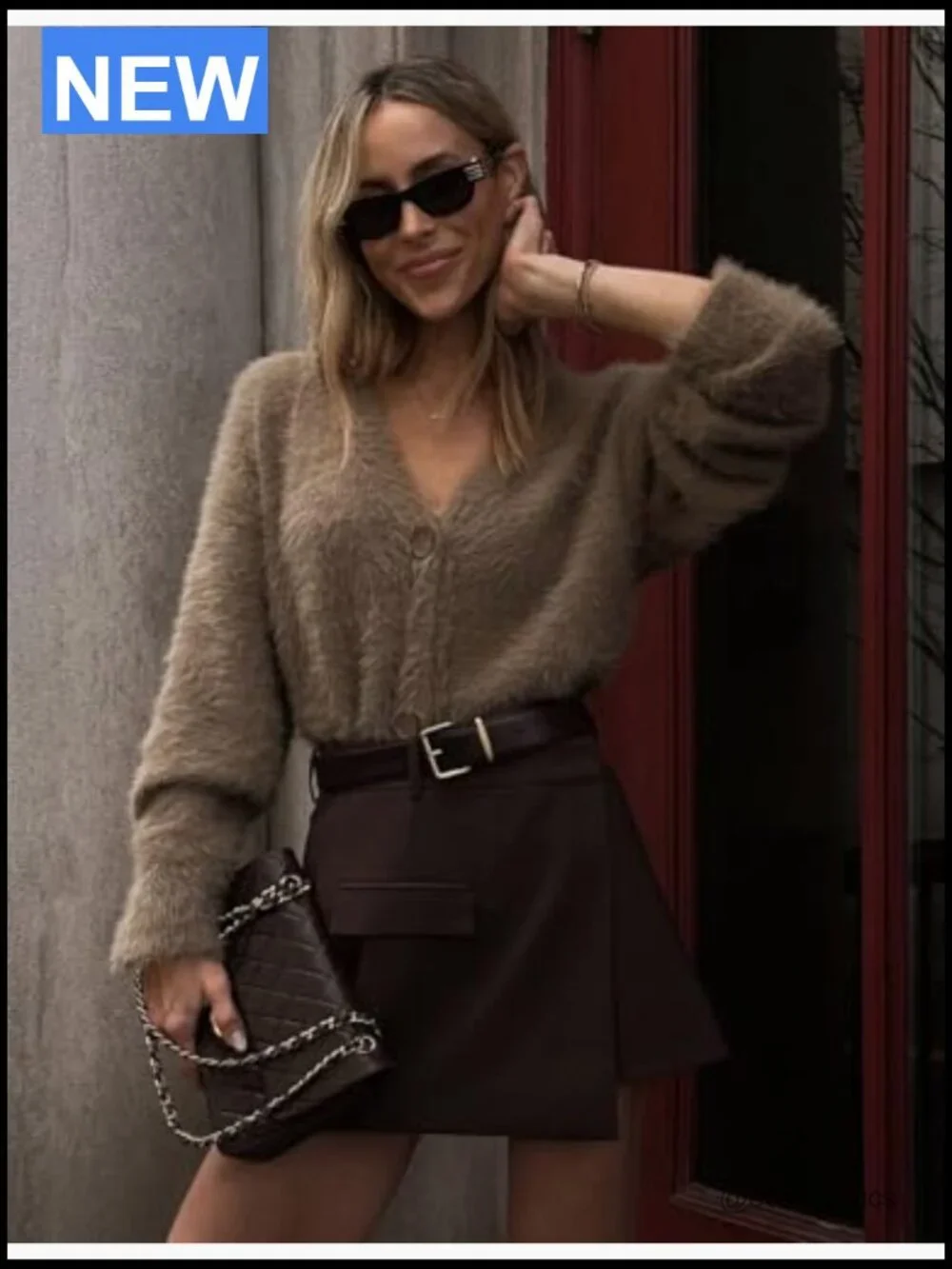 Fuzzy V-Neck Cardigan Sweater Long Sleeve Button Down Drop Shoulder